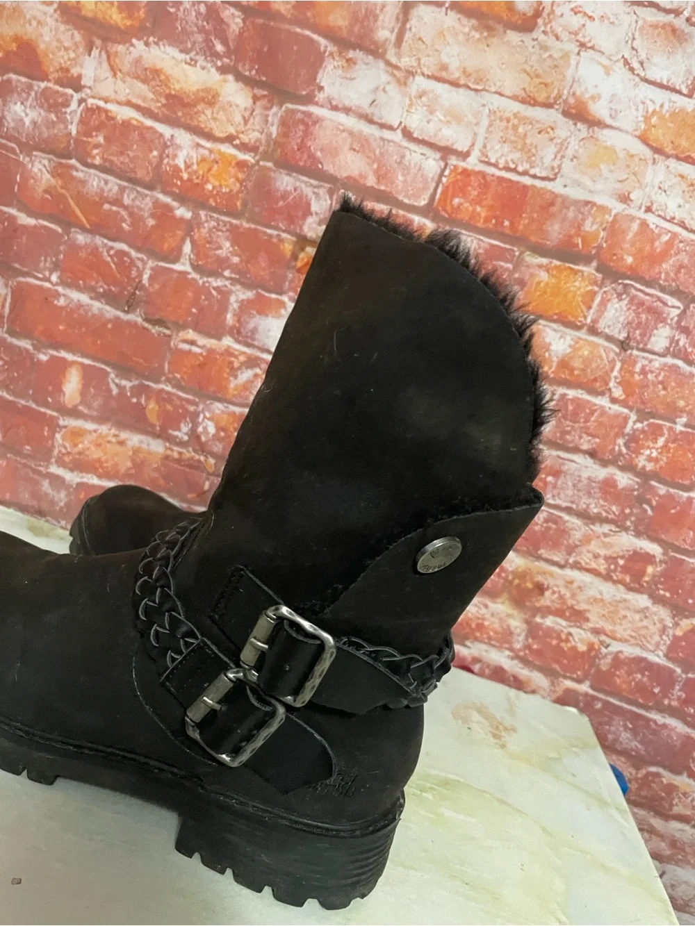 Blowfish Malibu Black Fur Lined Mid-calf Moto Boots